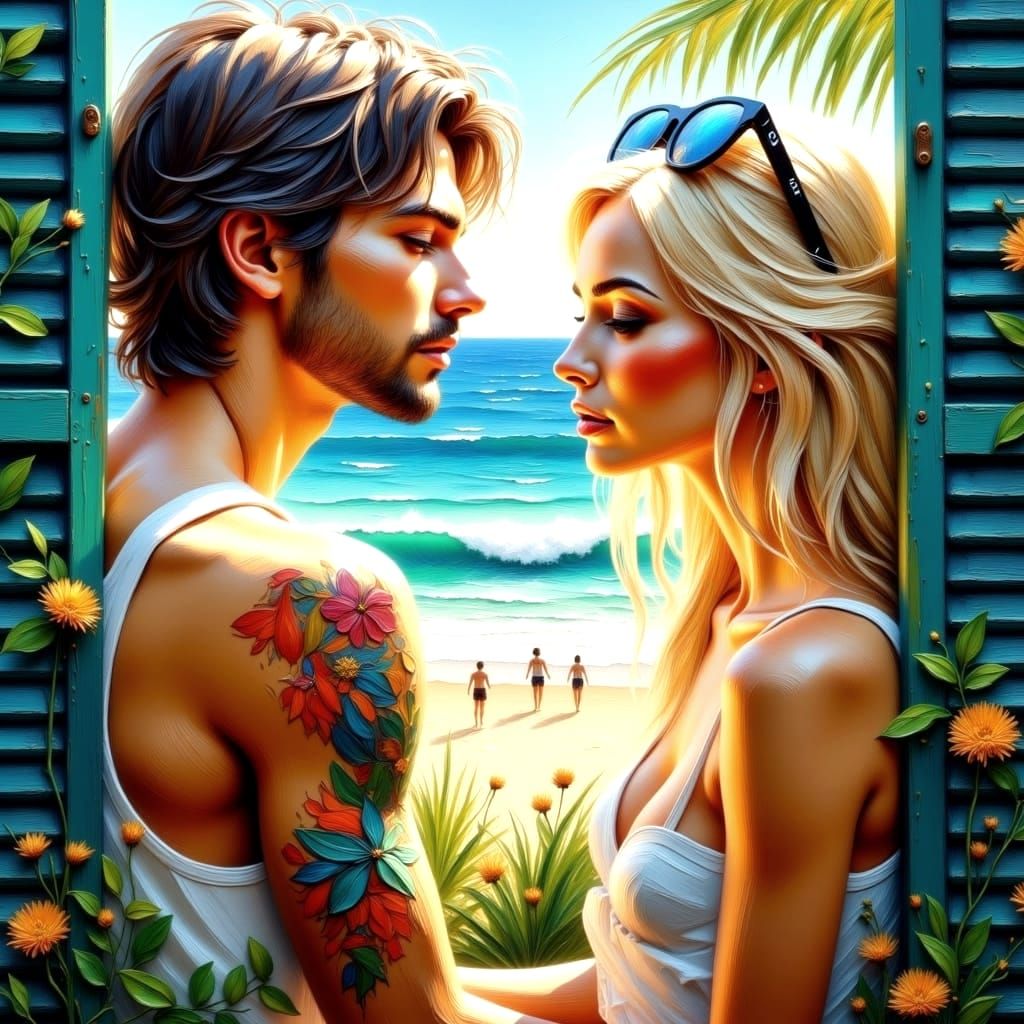 Romantic Beachside Moment in Vibrant Oil Paint Style