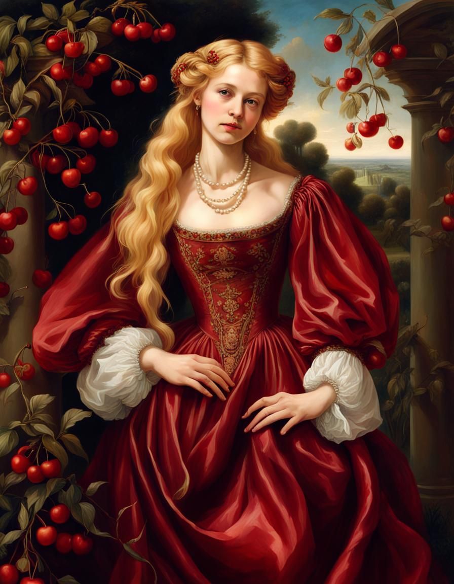 Renaissance Woman in Red Silk Dress Portrait