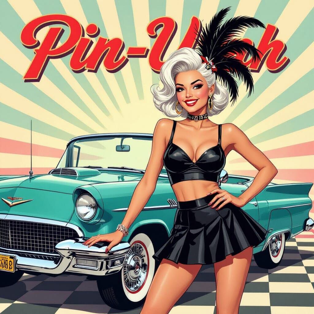Modern Pin-Up Girl with Feather Hair in Retro Diner