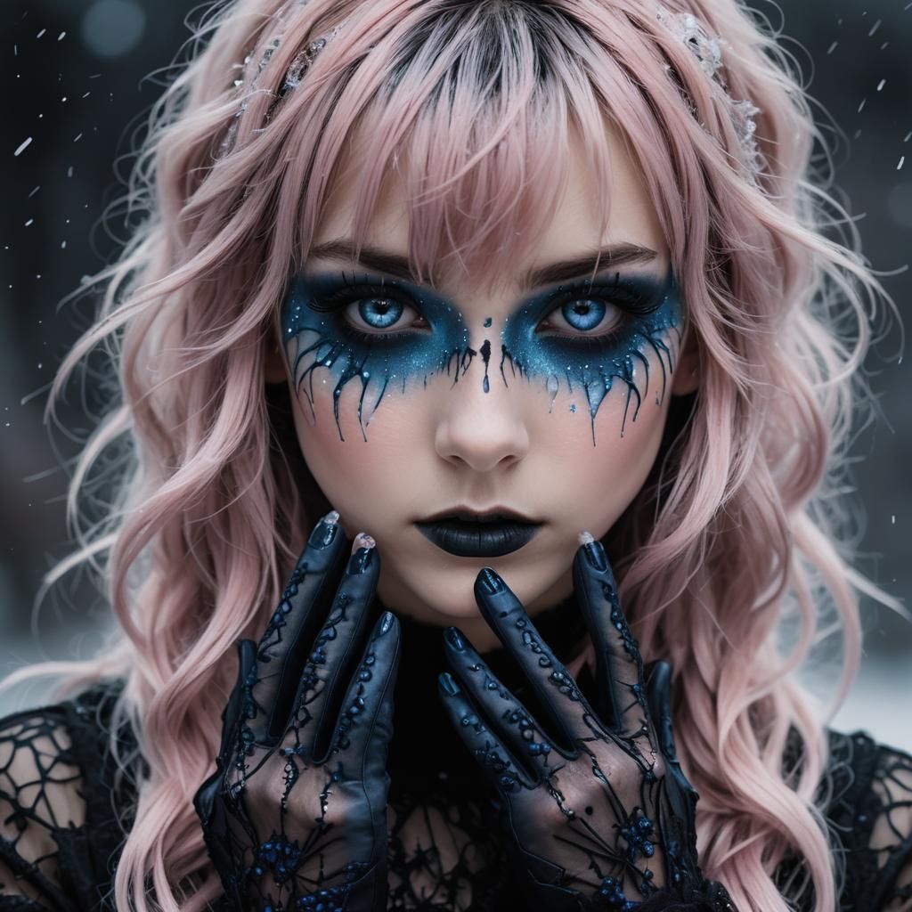 Gothic Woman with Cracked Ice Eyes, Cinematic Portrait