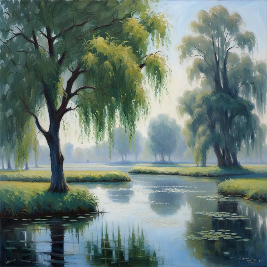 Weeping Willows in Morning Mist: Oil Painting