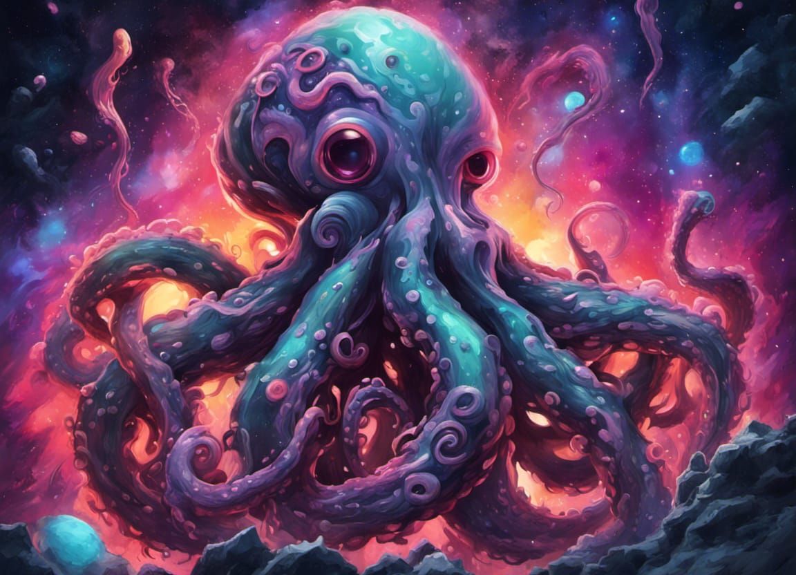 Space Monster with Tentacles in Graffiti Galaxy Art