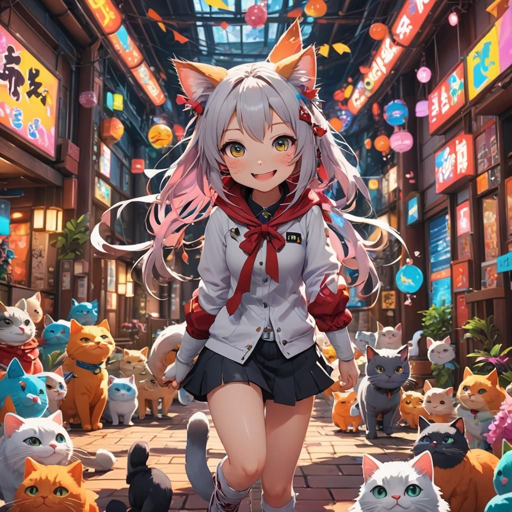 Cute Anime Cat Girl in Pastel Colors