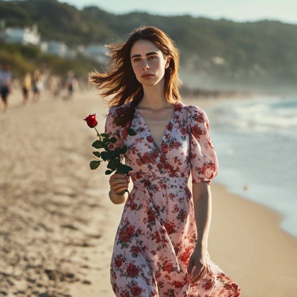 Brunette Woman with Rose Strolling on Beach