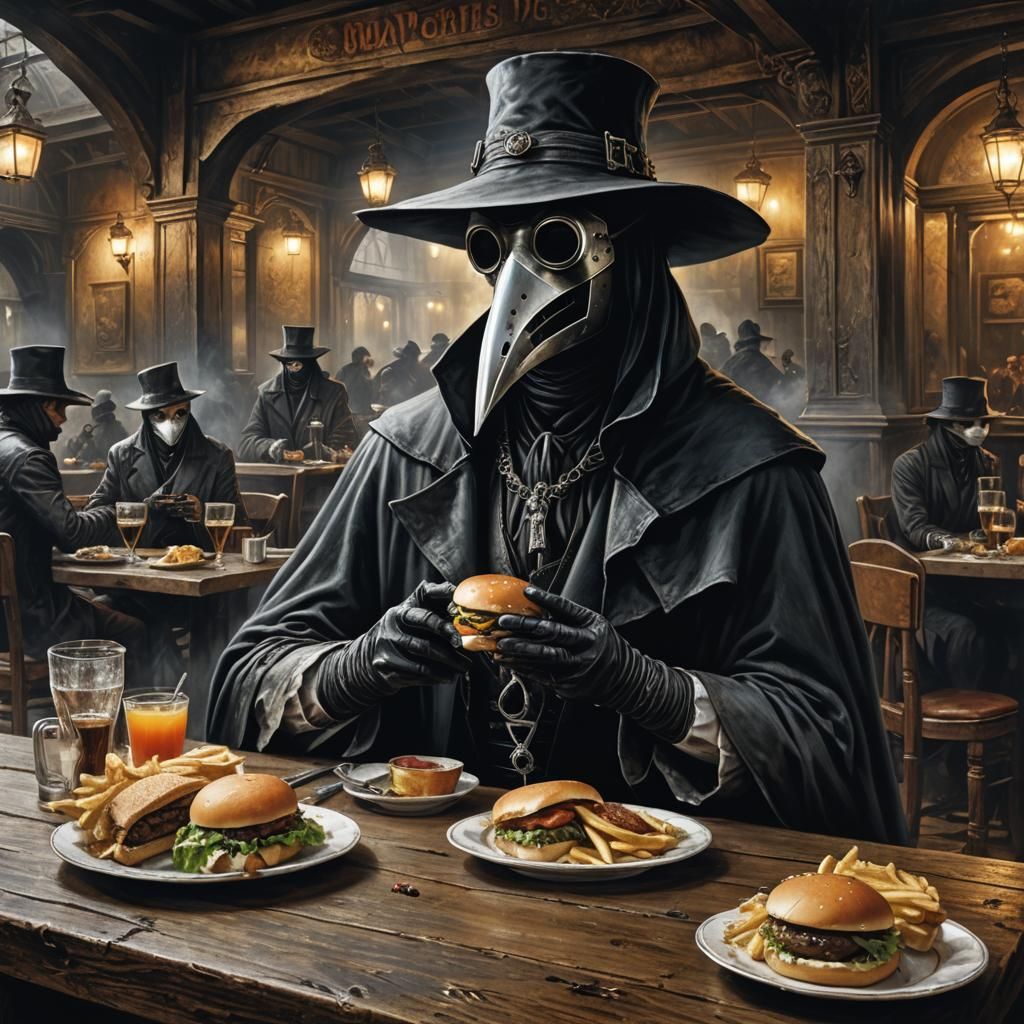 Plague Doctor's Burger Break: Dark Fantasy Art
