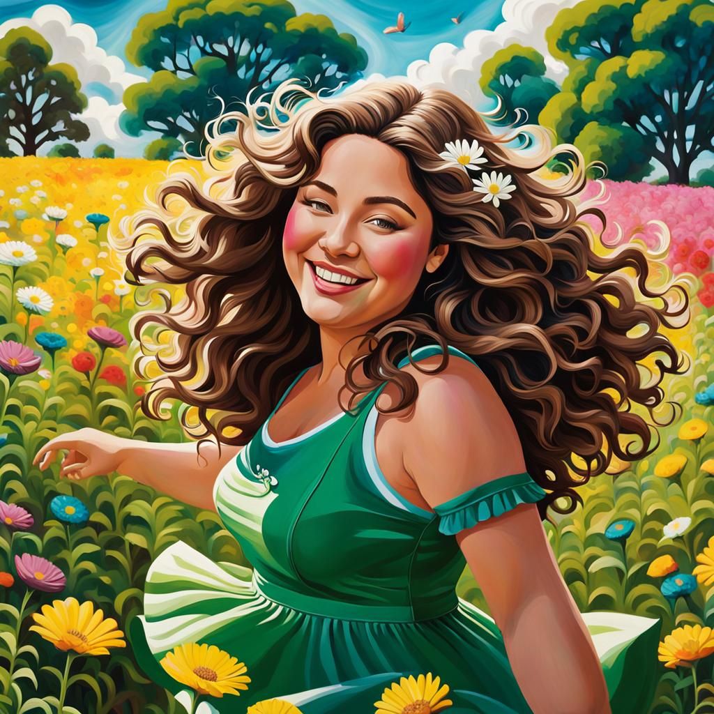 Chubby Woman Dancing in a Flower Field: Street Art