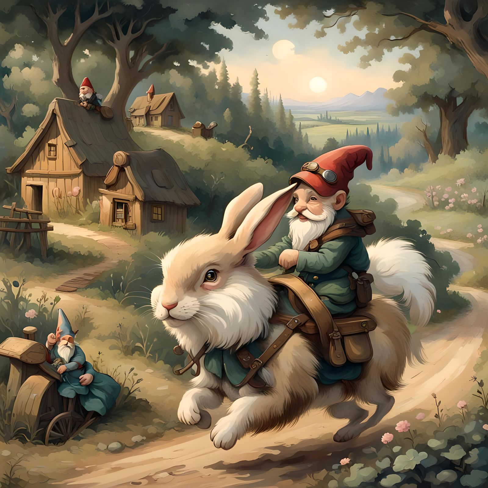 Gnome riding a rabbit with a saddle, on a dirt road, gnome v...