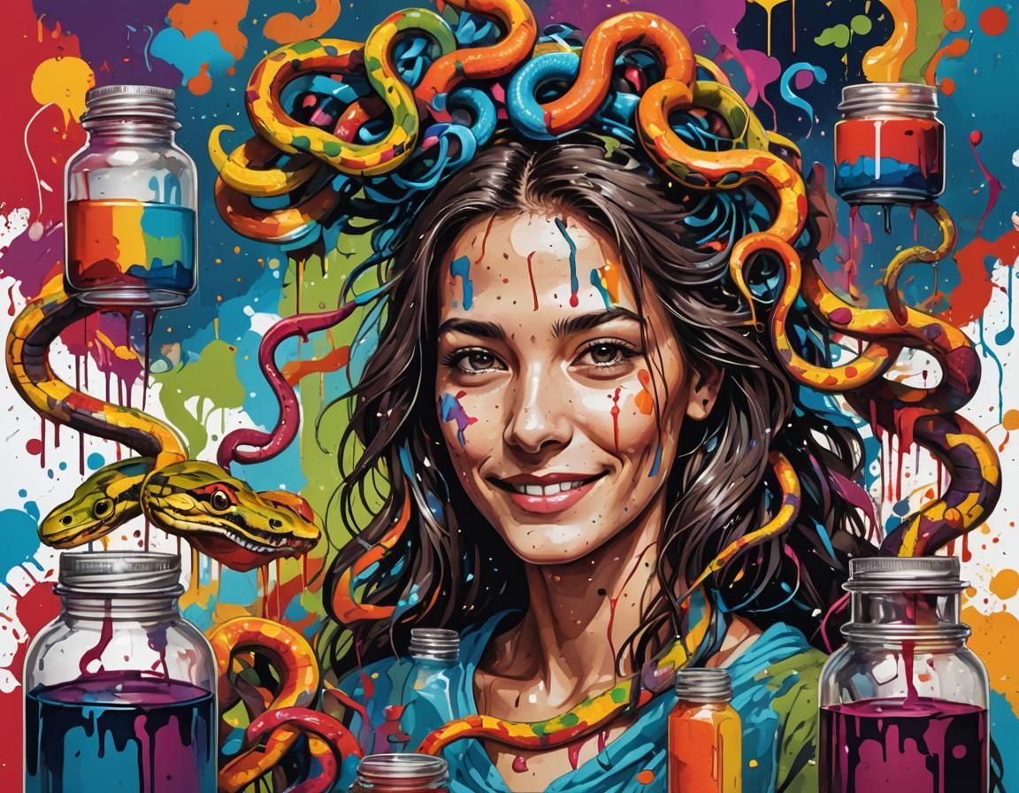 Colorful Printer Surrounded by Snakes: Vibrant Digital Art