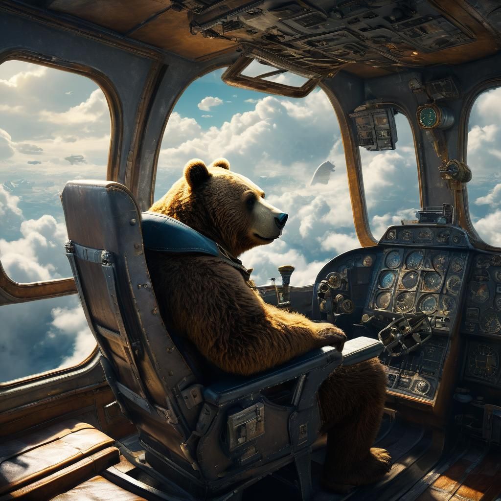 Bear Pilot Soaring Through Clouds: Fantasy Art