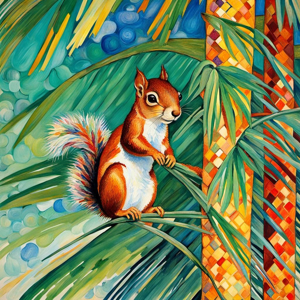 A very wise squirrel meditating on a small palm tree branch