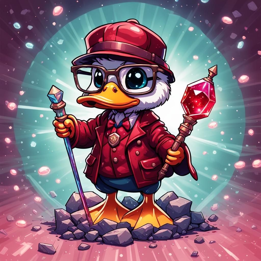 A isometic picture of a ruby chibi duck, wearing glasses, holding an irradecent ruby scepter, realistic Shonen, adorable...