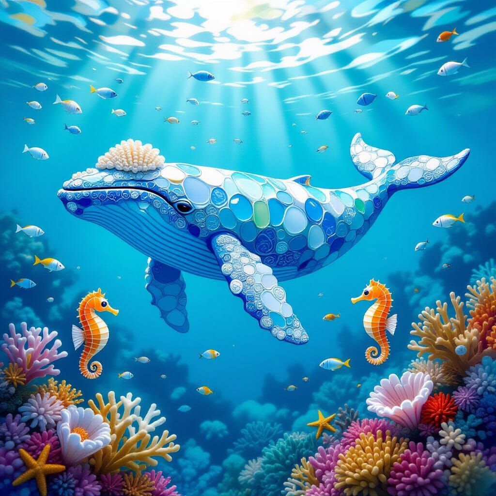 Majestic Sea Glass Whale Amidst Coral Reef