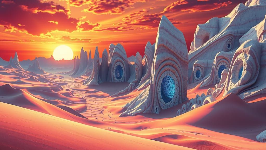 Dreamlike Fractal Mountains in Vibrant, Iridescent Landscape