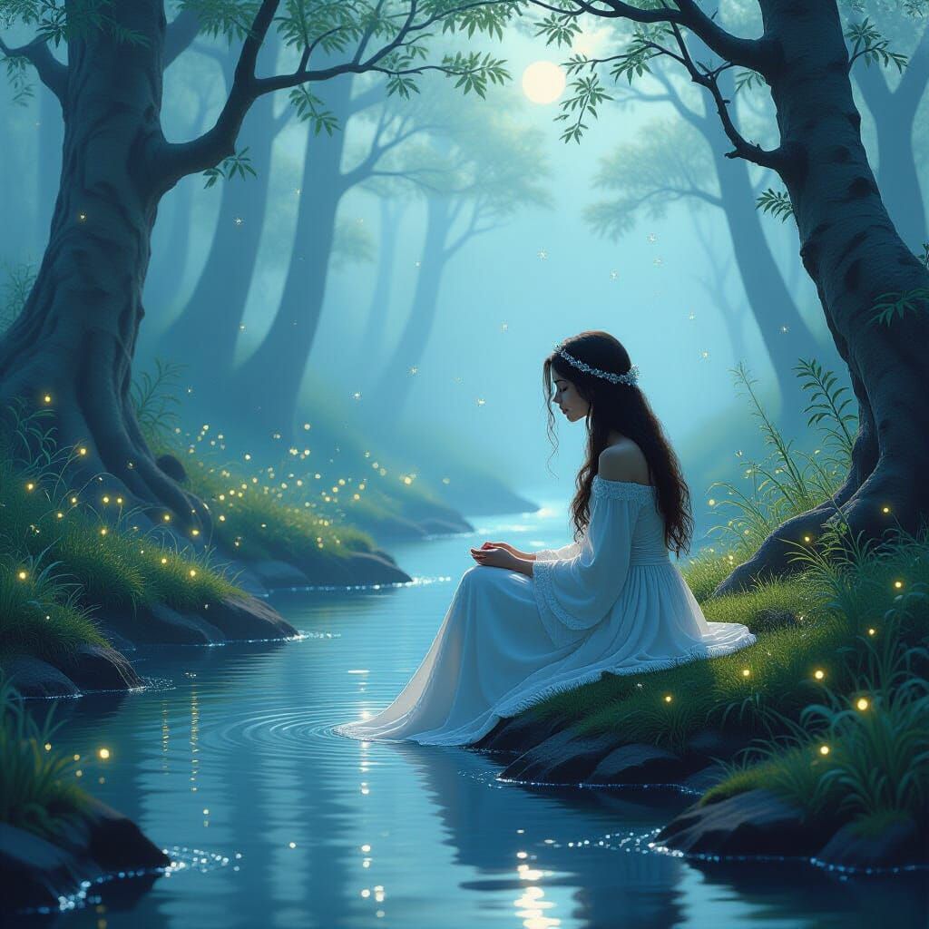 Enchanted Forest Scene with Woman by Brook