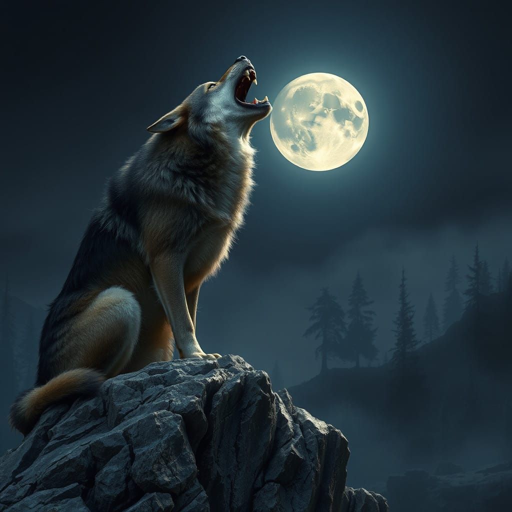 Grey Wolf Howls at the Silvery Moon in Dramatic Landscape