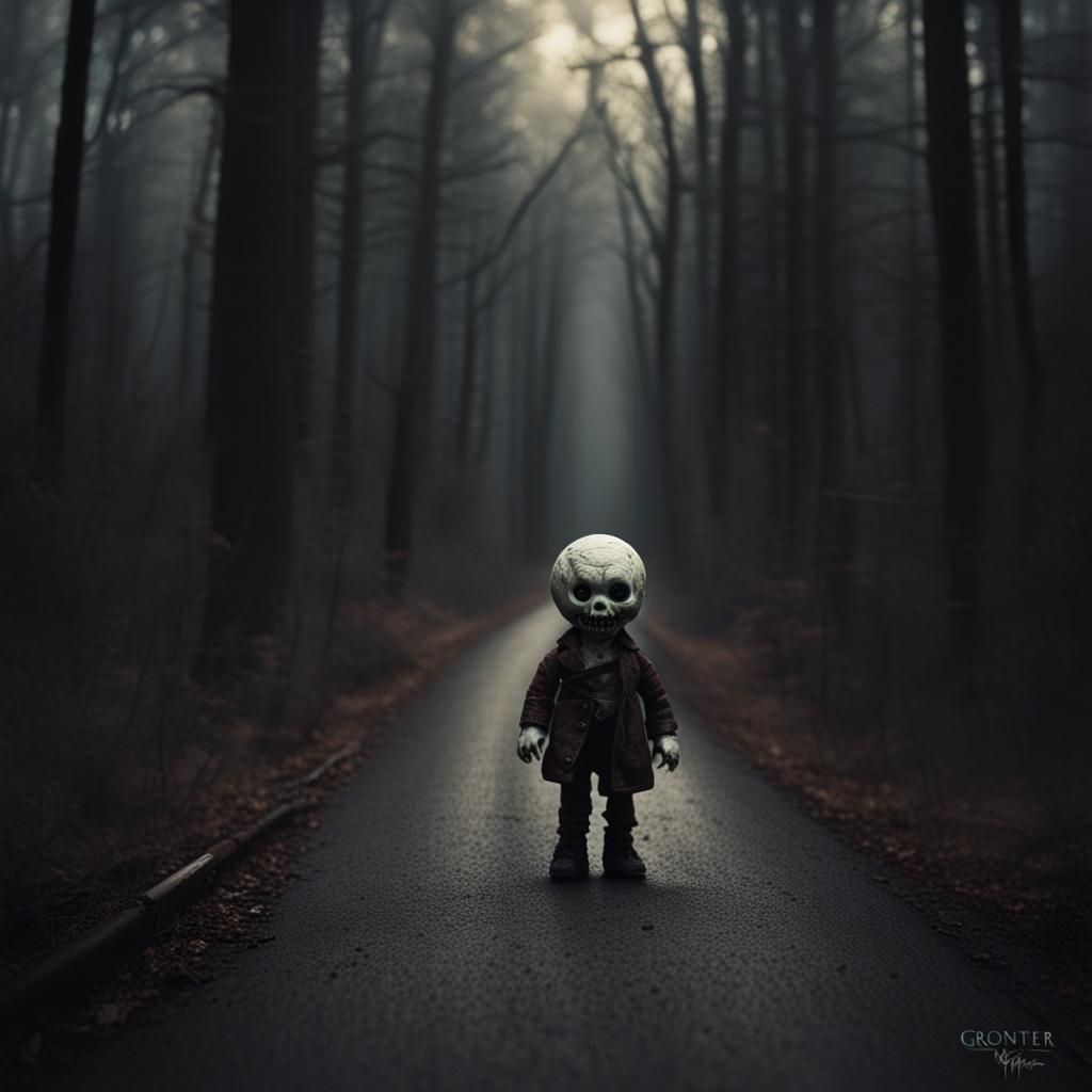 Sinister Animated Doll Chasing Someone in Dark Forest