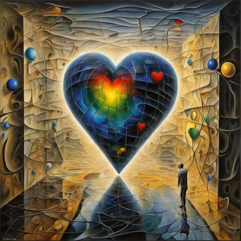 Glass Heart in Box with Surreal Fluid Lines