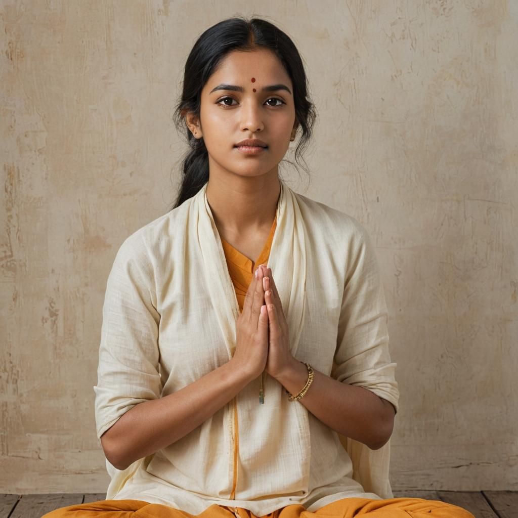 Young Hindu woman joining hands in prayer and reverence to Gods