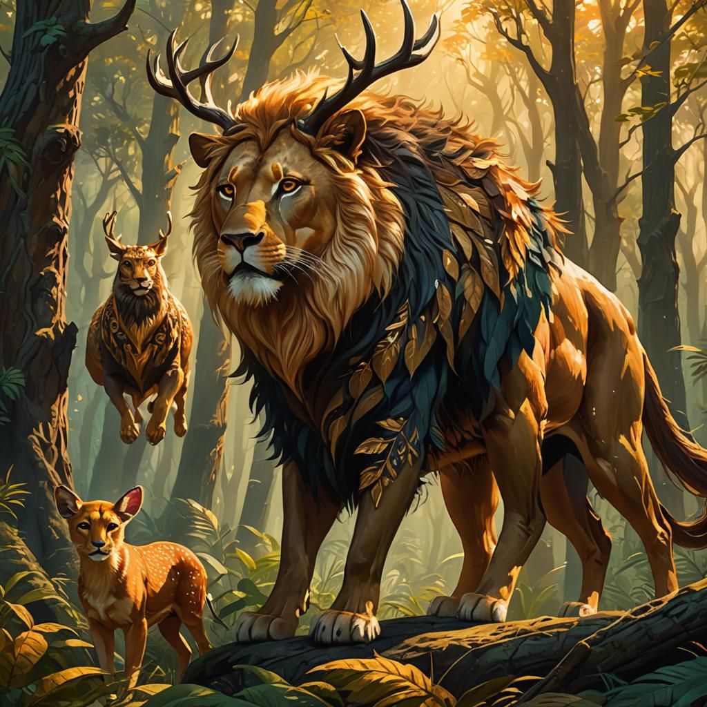 Deer-Lion Creature with Superhero in Forest, Oil Painting