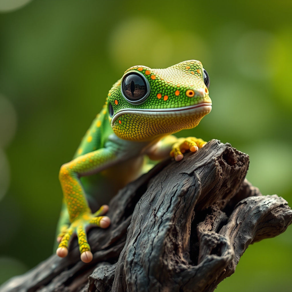 Vibrant Gecko on Textured Branch in Hyper-Realism