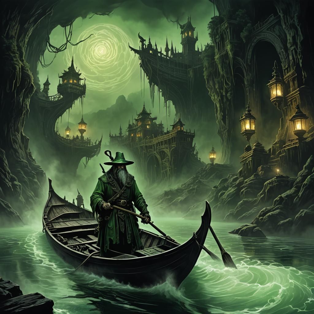 Eerie Ferryman Navigating Underworld River in Art Nouveau St...