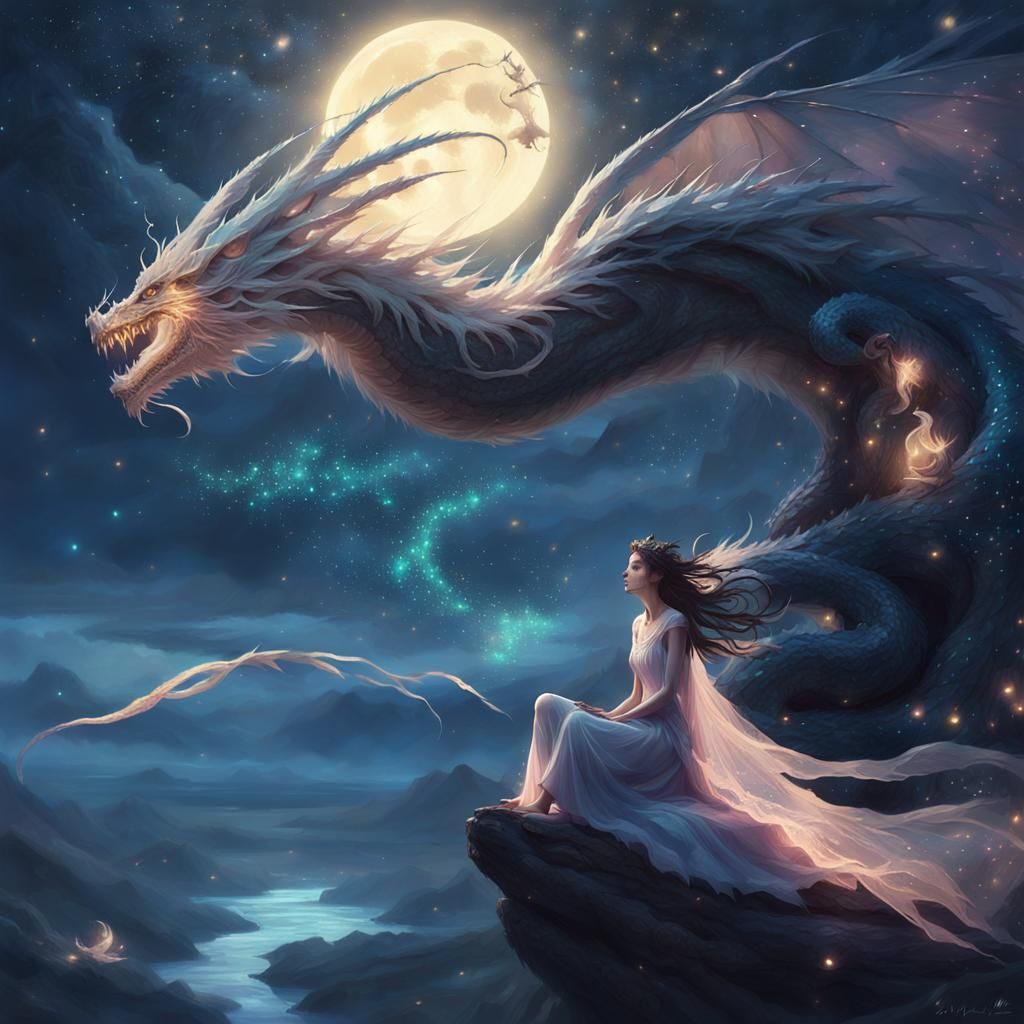 Fairy Riding Dragon Head in Starry Sky