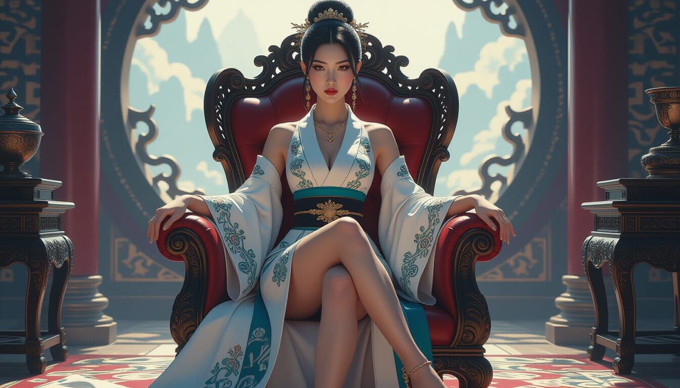A beautiful asian woman spreading her legs while sitting on a chair
