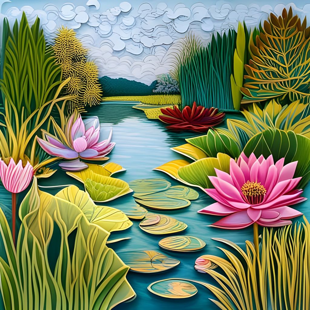 Detailed 3D Papercut Garden with Waterlilies