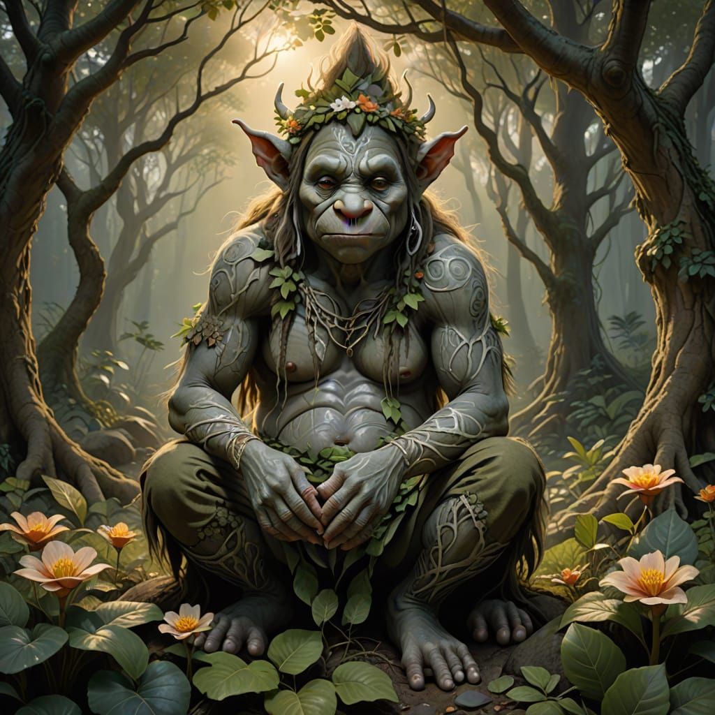 Ethereal Female Troll Blending Human and Natural Elements