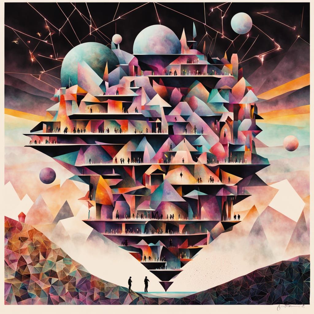 Surreal Organic Megastructure with People in Escher Style