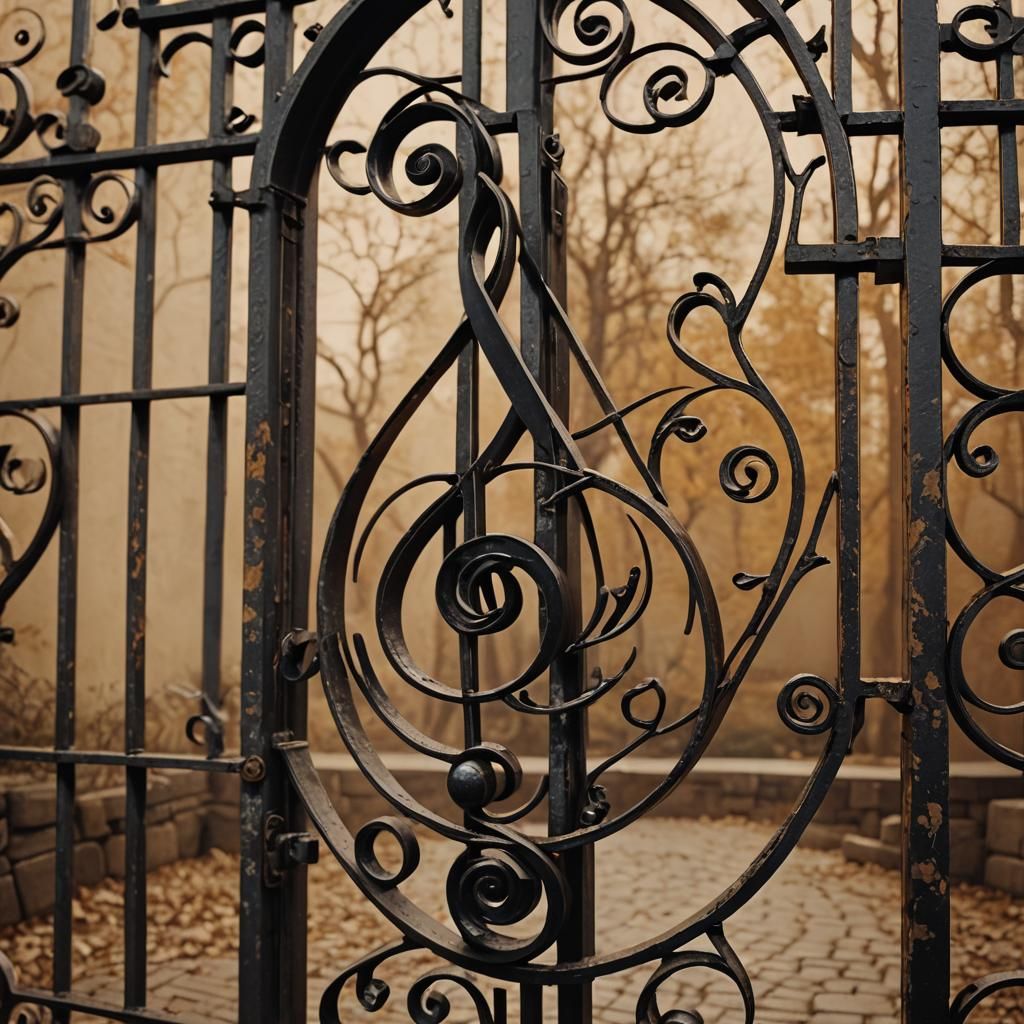 Iron Gate with Musical Notes in Cinematic Style