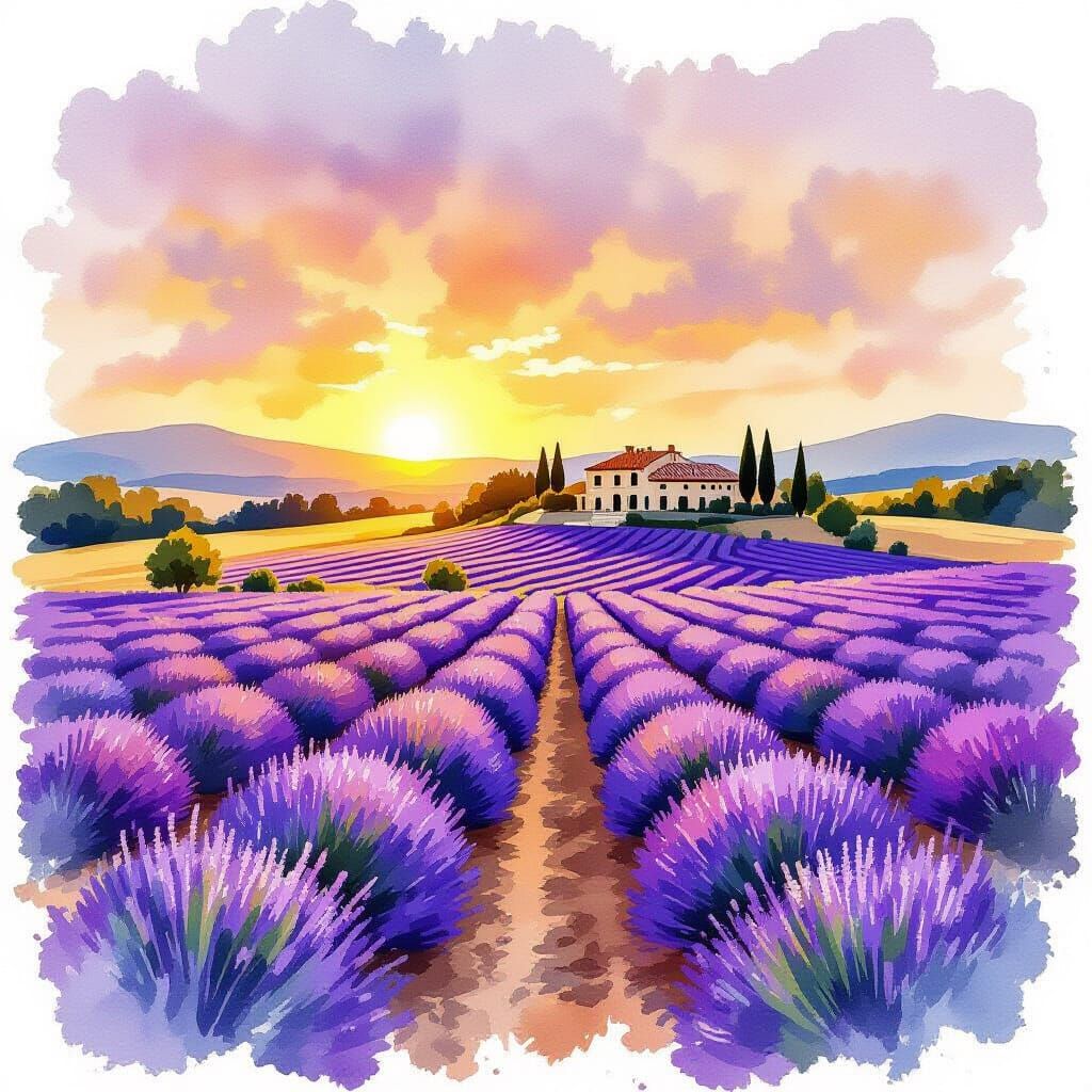 Enchanting Lavender Fields at Golden Hour in Watercolor Styl...