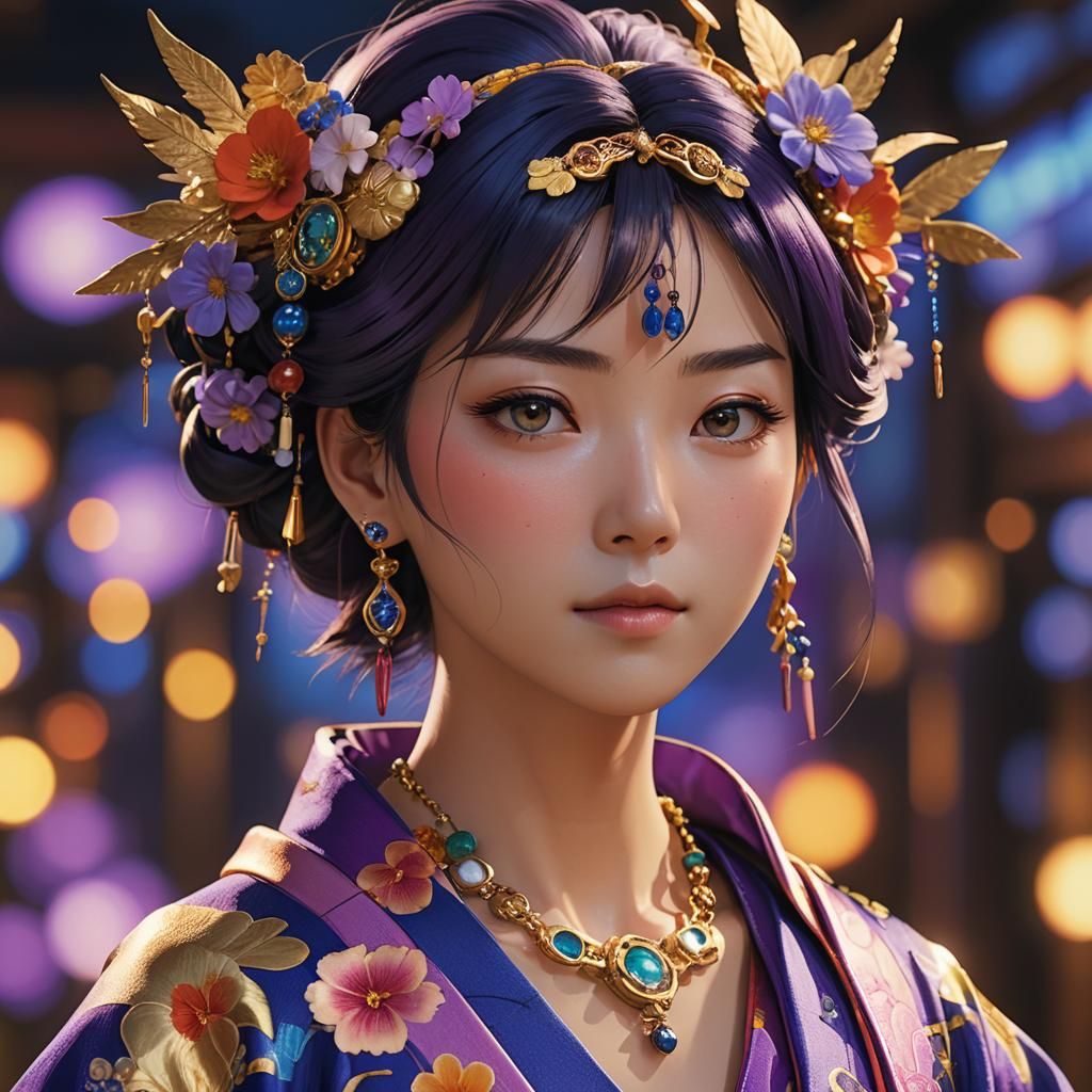 Hyperrealistic Anime Portrait of Woman in Kimono