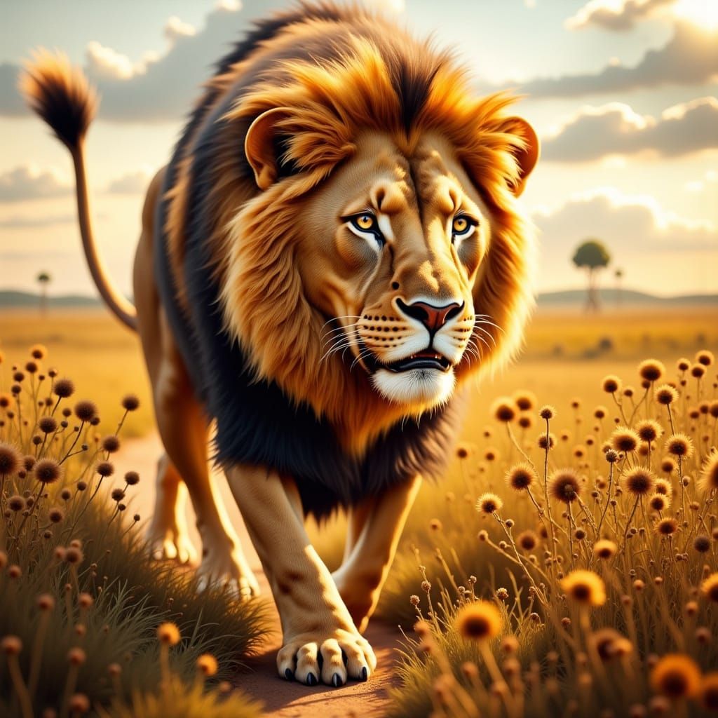 Majestic Lion Roaming Savannah, Golden Lighting