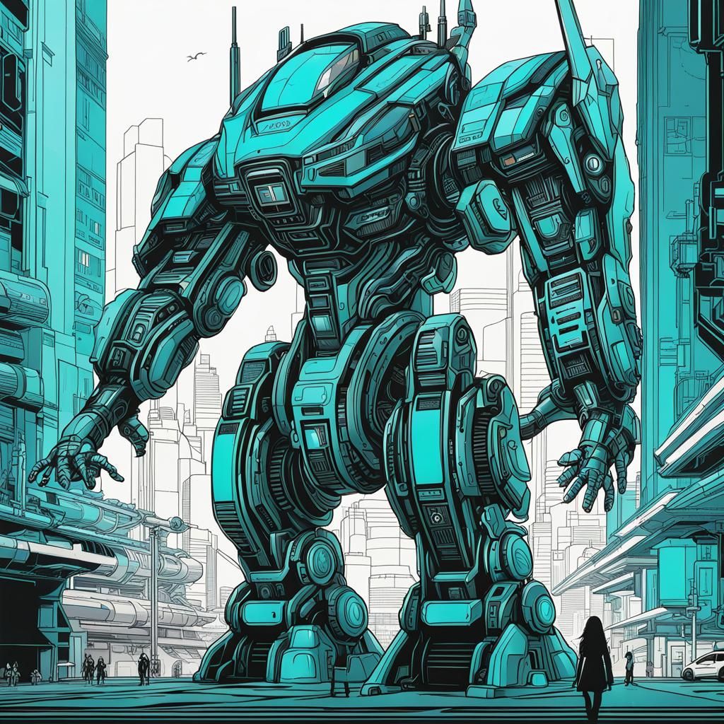 Asian Woman in Mecha Suit Line Art