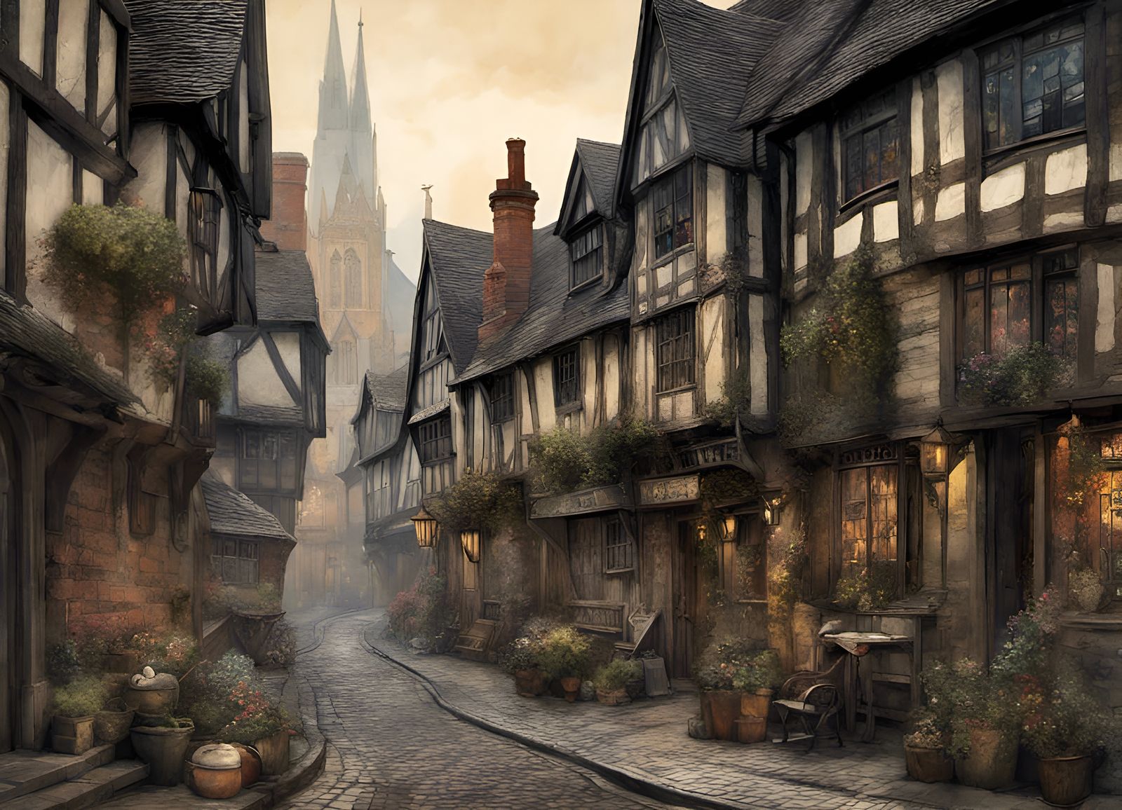 Tudor Streets in Winter: Maximalist Concept Art