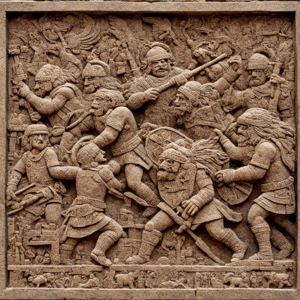 Epic Stone Relief Battle of Dwarves and Titans
