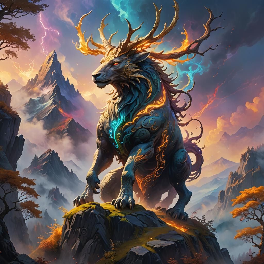 Mystical Creature on Mountain Peak: Fantasy Oil Painting