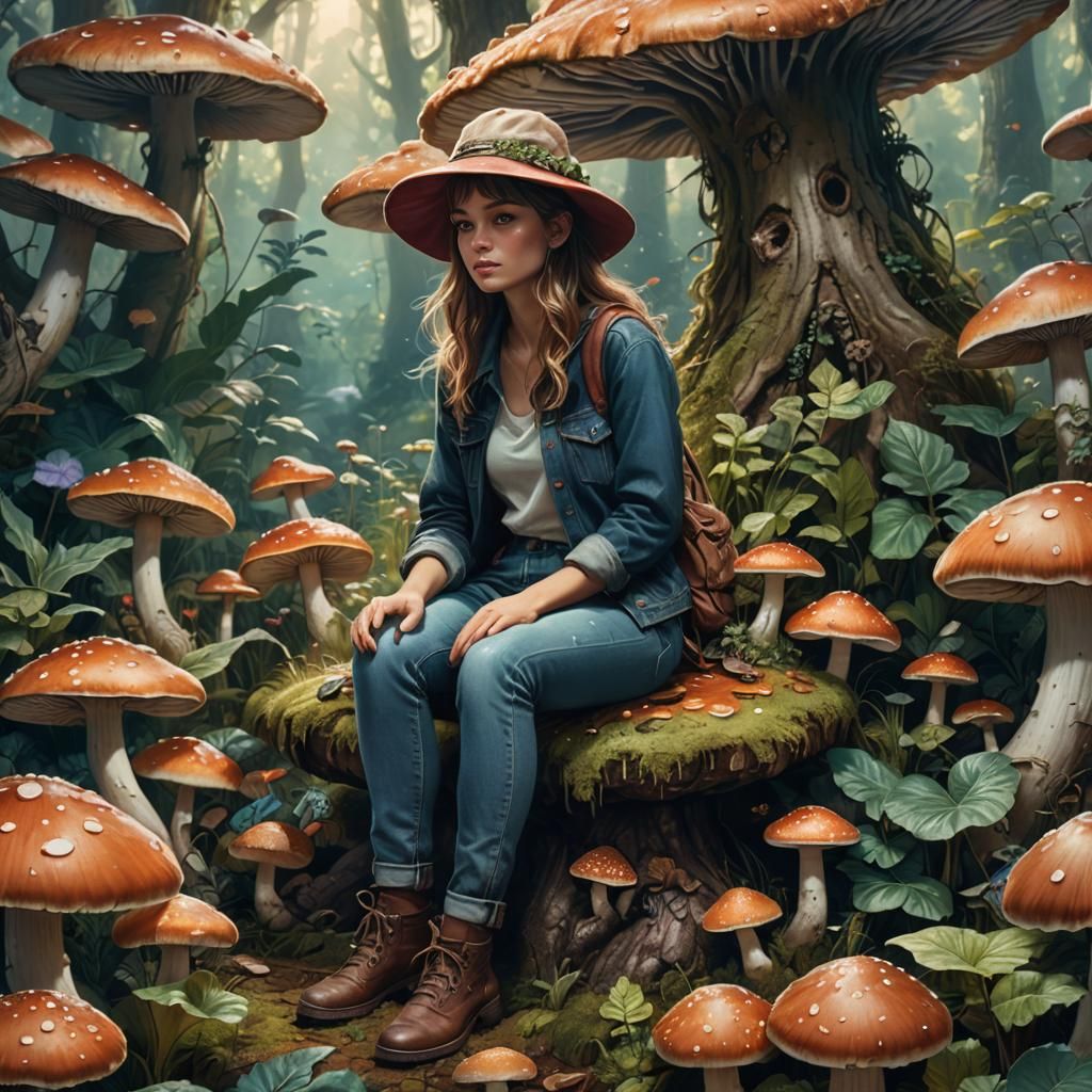 Woman on Mushroom in Lush Greenery: Matte Painting