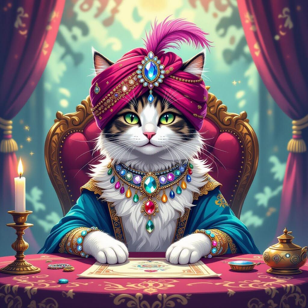 Mystical Cat Fortune Teller in Dreamlike Style
