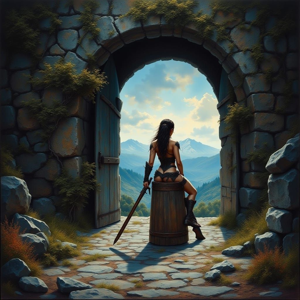 Strong Latina Warrior Woman Guards Cave Entrance