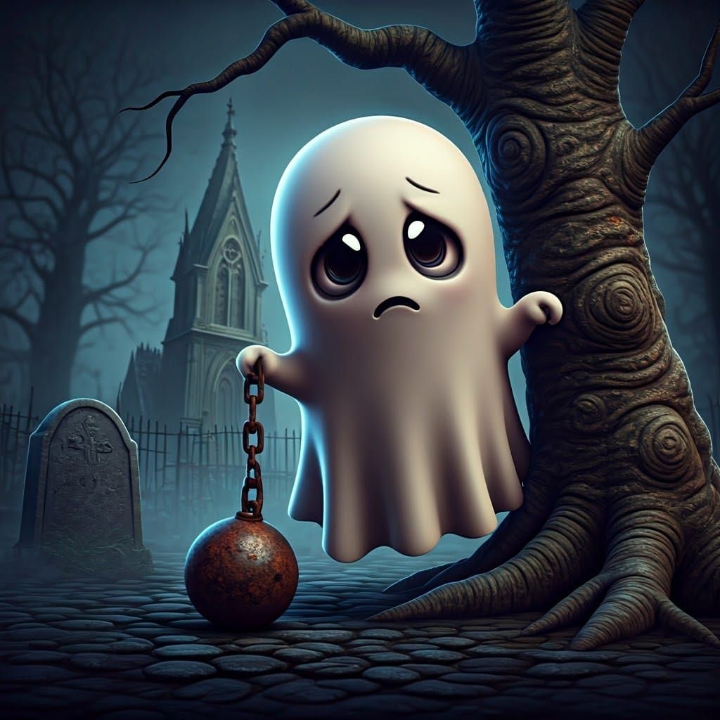 Adorable Ghost with Ball and Chain, 3D Rendered