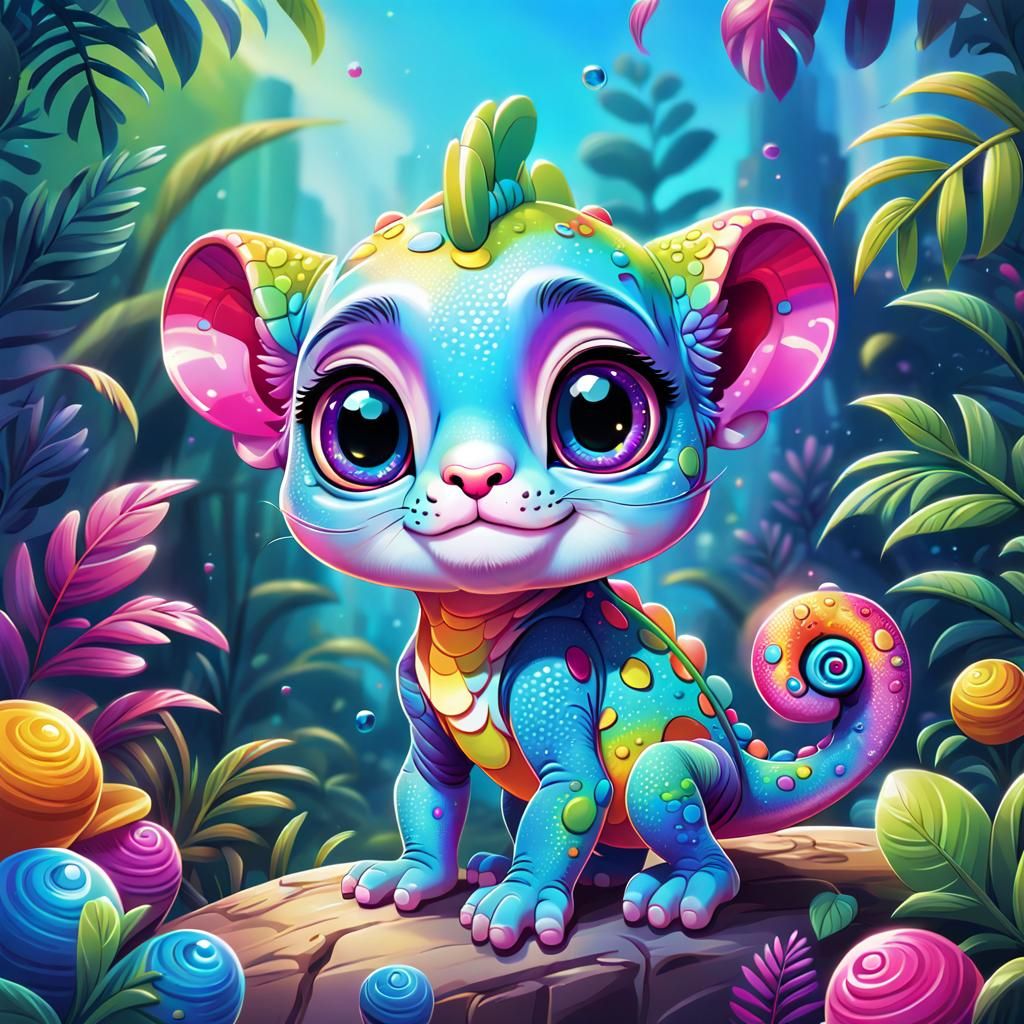 Chibi Chameleon Illustration in Lisa Frank Style