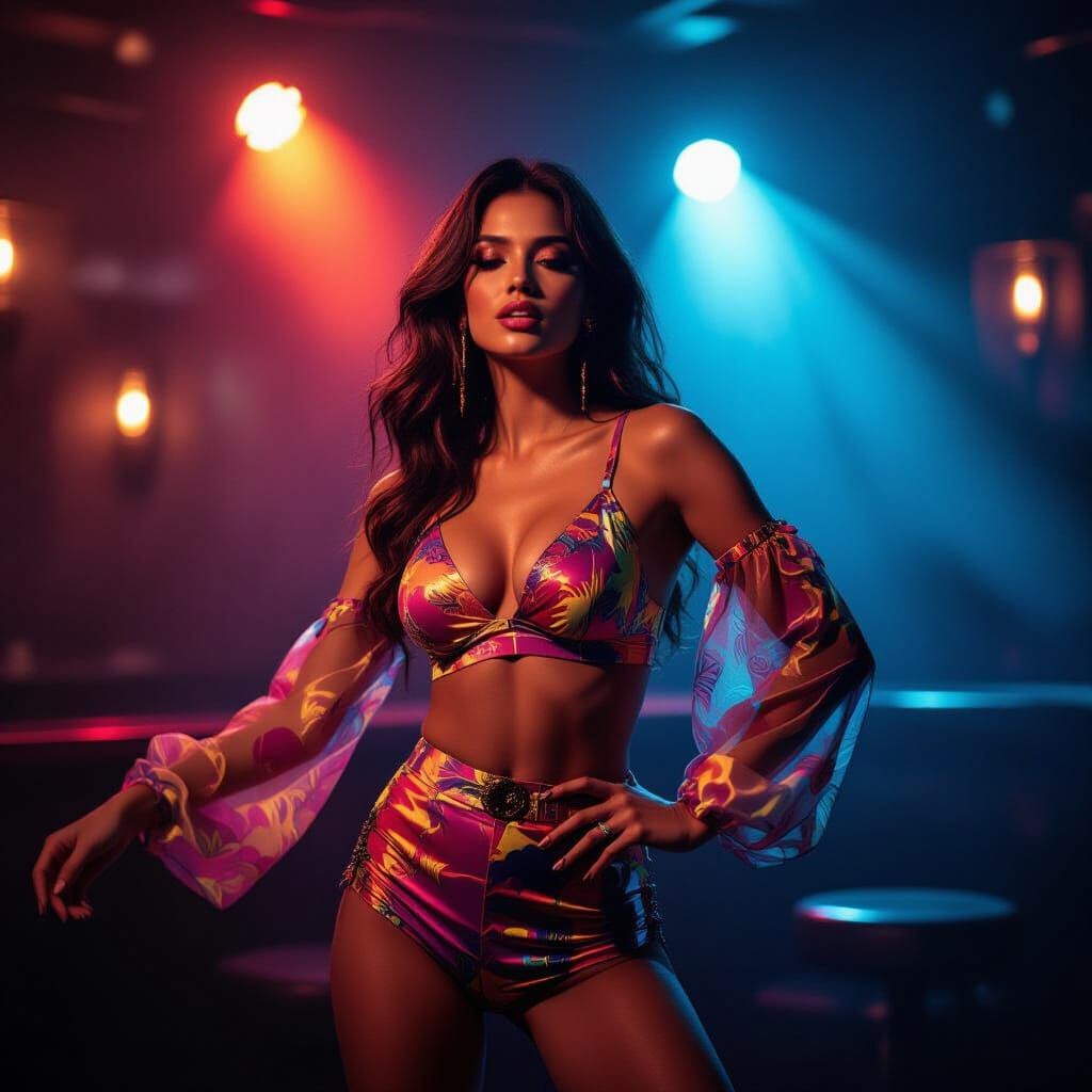 Model Dancing in Dimly Lit Club Cinematic Film Still