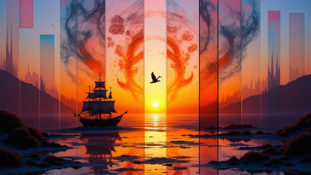 Surreal Sunset Landscape on Cracked Glass