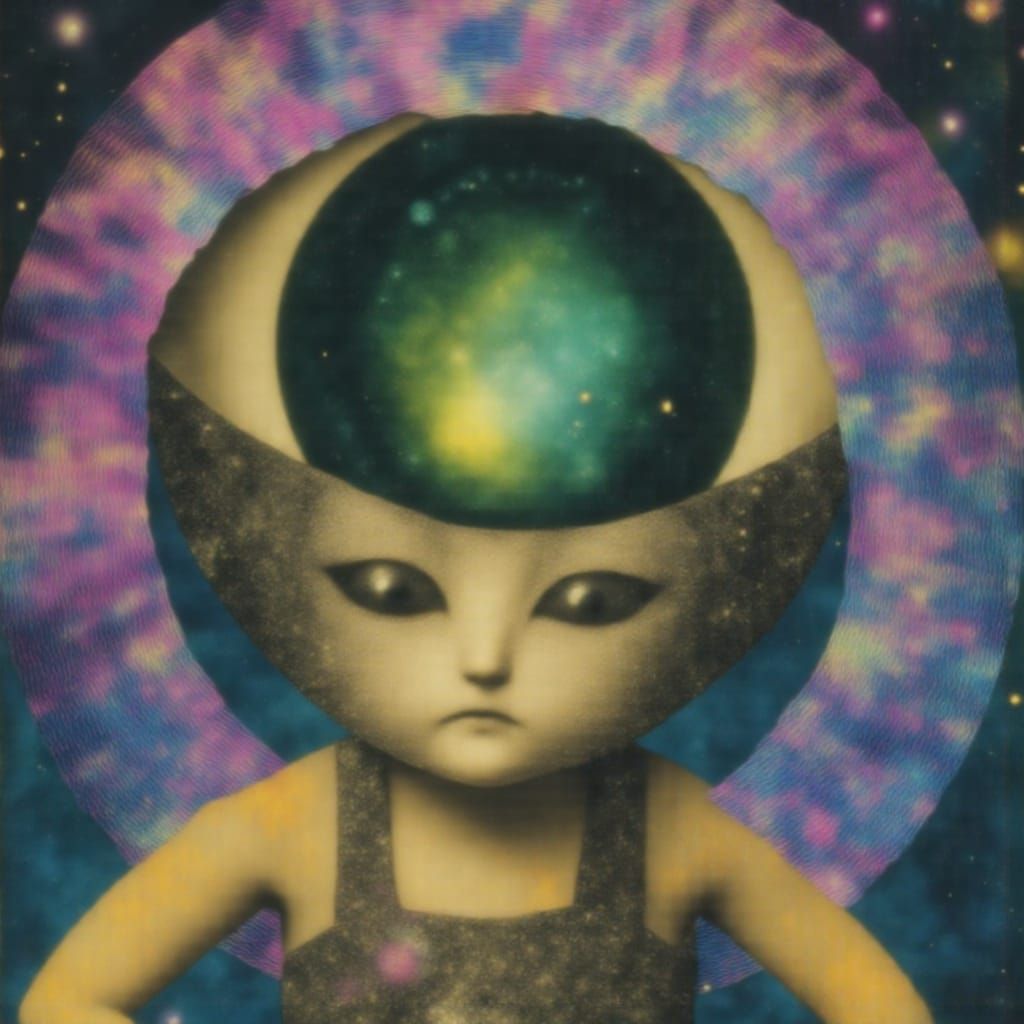 Tabby Cat Gazes into Cosmic Rift as Gouache Watercolor Surre...