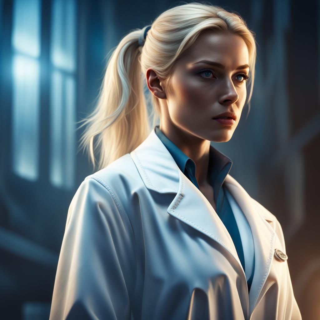 Female Superhero in Lab Coat: Digital Matte Painting