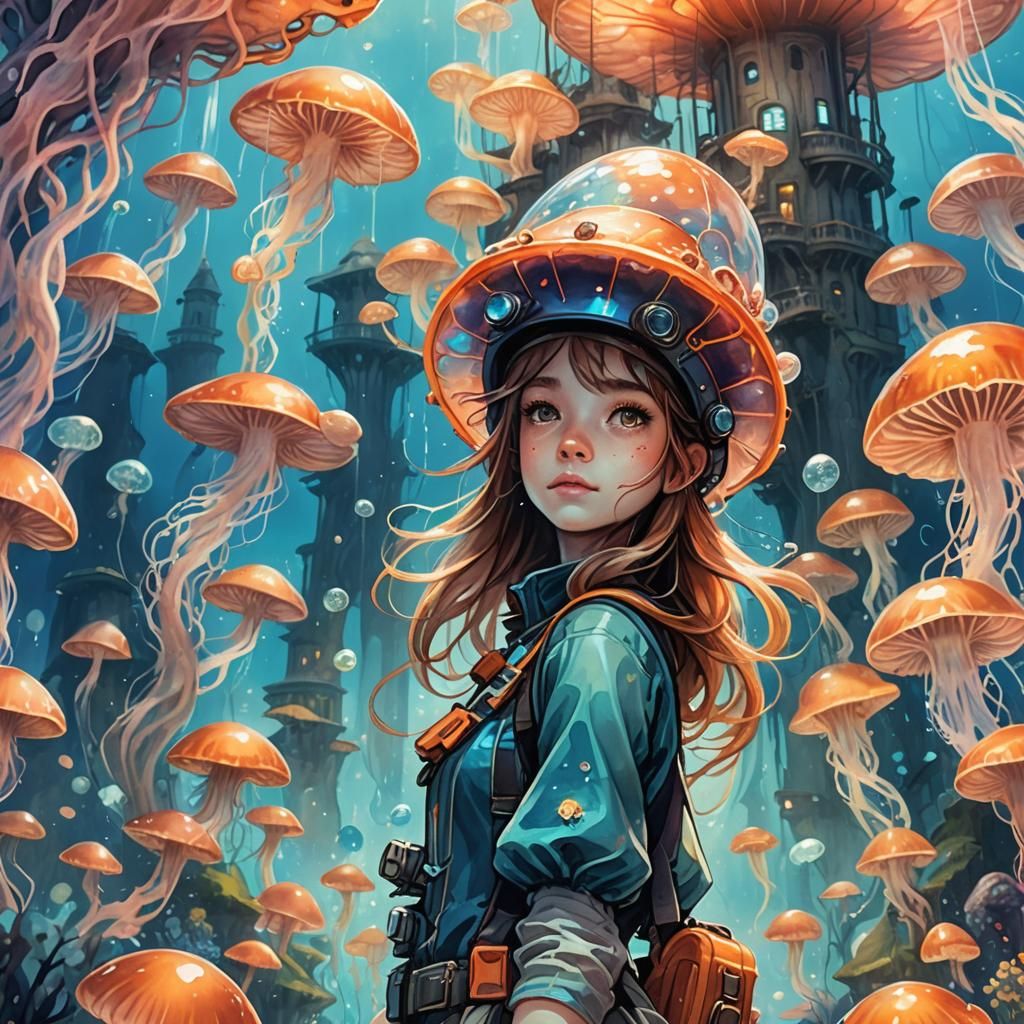 Underwater Mushroom City Dreamscape in Anime Style