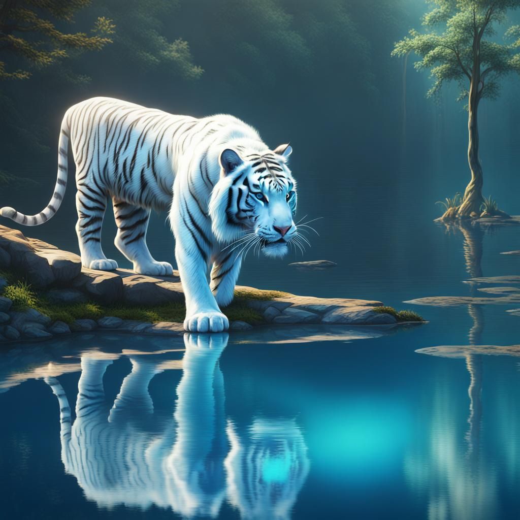 White Tiger Reflection in a Blue Lake