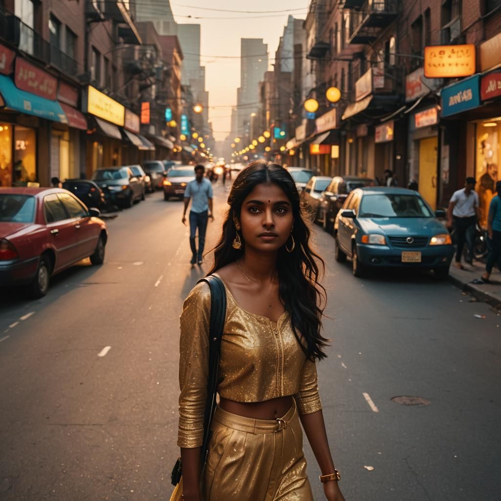 Confident Young Woman in Bollywood-Inspired City Scene